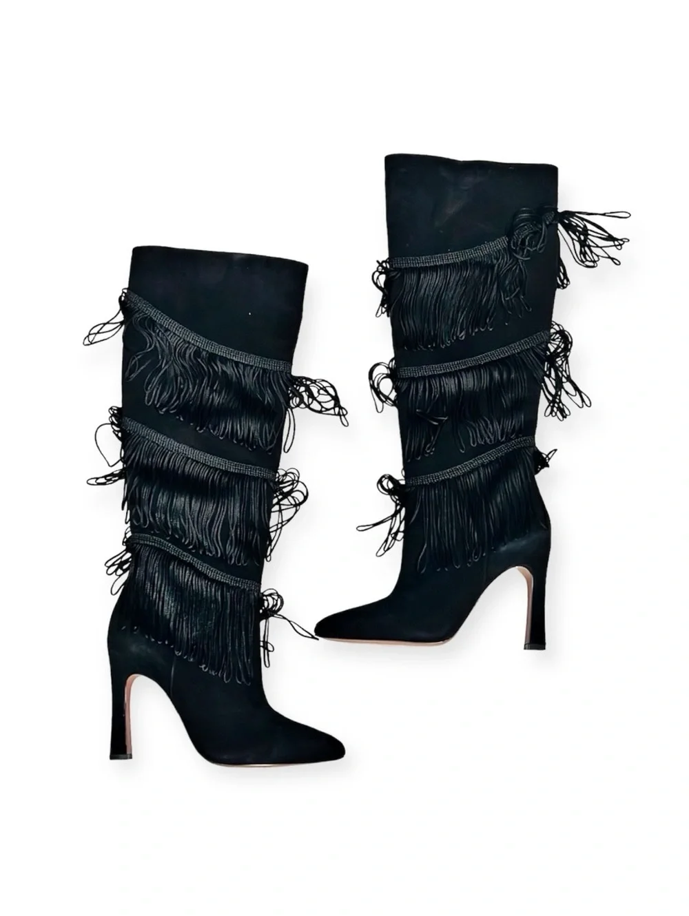 BCBGMaxazria Suede Fringe Heeled Boots, Black Size 7.5 New w/o Box Retail $499